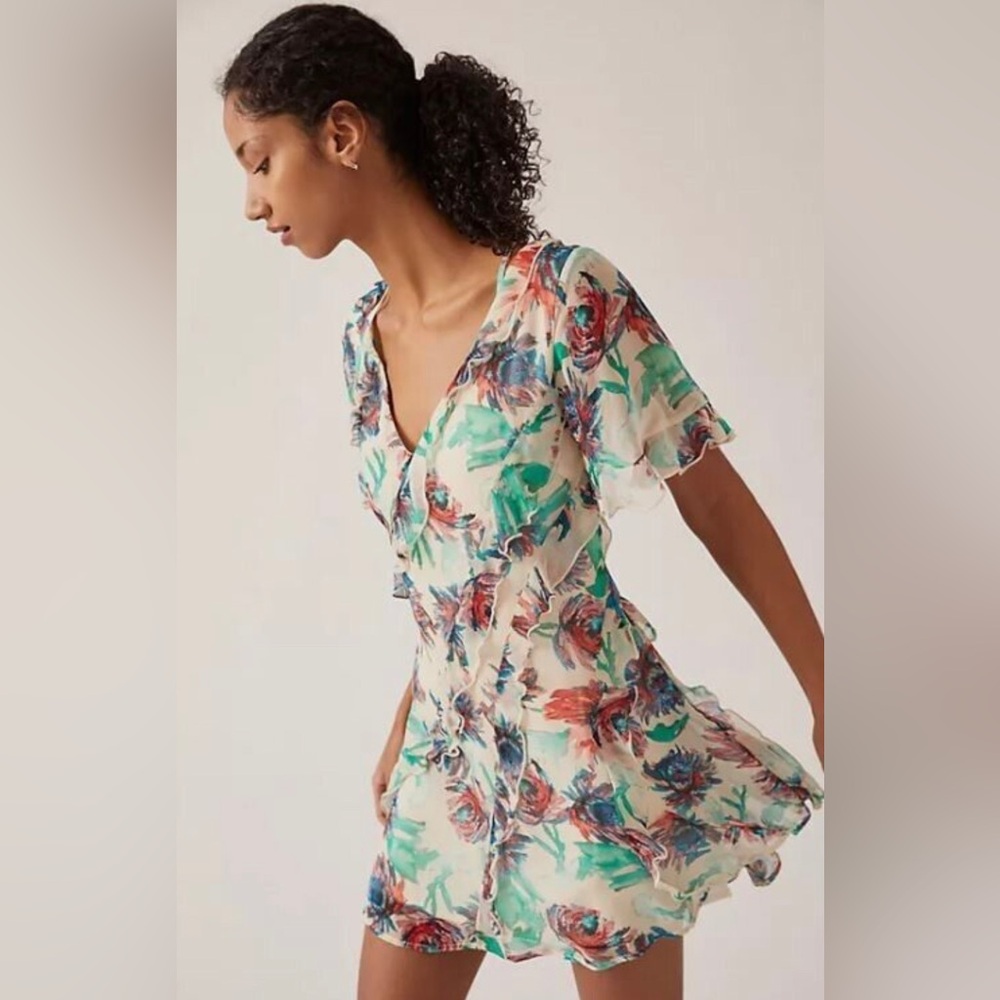 Anthropologie soft printed ivory floral mini dress size XL